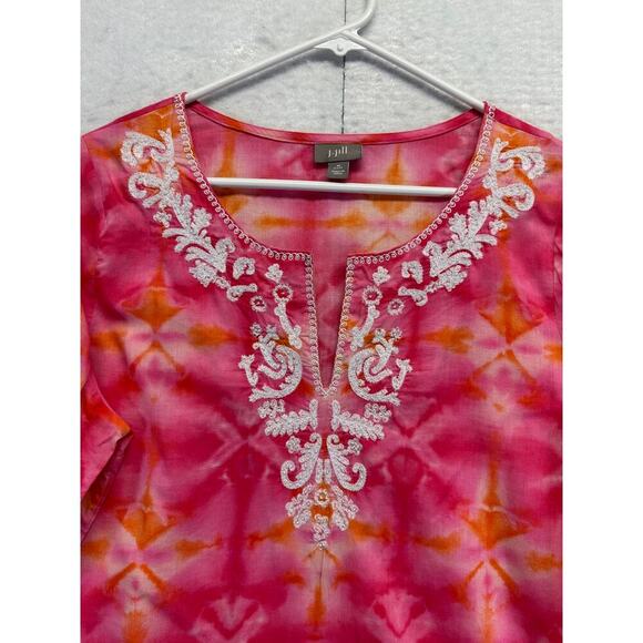 J Jill Women Top Tie Dye Pink Embroidered V Neck Boho Fairy Size MP Long Line - Picture 6 of 11